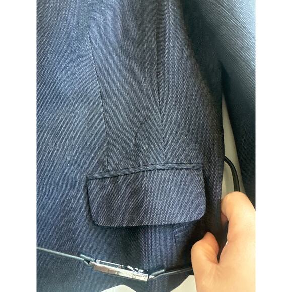 Loft Navy Blue Button Down Blazer, Elbow Length Sleeves Cotton Blend with Belt - Picture 5 of 7